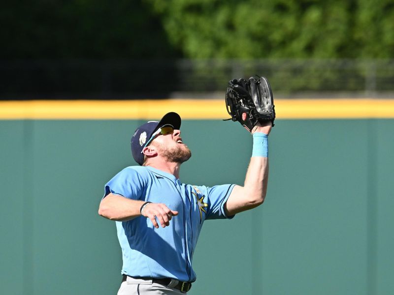 Sep 3, 2023; Cleveland, Ohio, USA; Tampa Bay Rays left fielder Luke Raley (55) catches a ball hit by Cleveland Guardians designated hitter Josh Naylor (not pictured) during the first inning at Progressive Field. Mandatory Credit: Ken Blaze-USA TODAY Sports