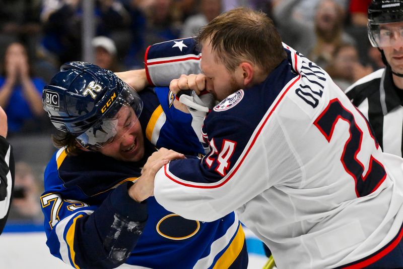 Oct 1, 2024; St. Louis, Missouri, USA;  Columbus Blue Jackets right wing Mathieu Olivier (24) and St. Louis Blues defenseman Tyler Tucker (75) fight during the third period at Enterprise Center. Mandatory Credit: Jeff Curry-Imagn Images