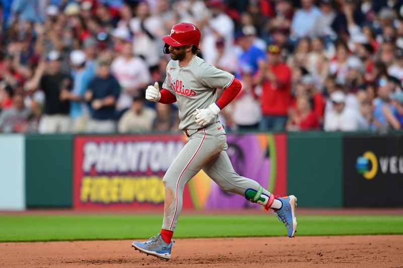 May 10, 2025; Cleveland, Ohio, USA; Philadelphia Phillies first baseman Bryce Harper (3) rounds the bases after hitting a home run during the eighth inning against the Cleveland Guardians at Progressive Field. Mandatory Credit: Ken Blaze-Imagn Images