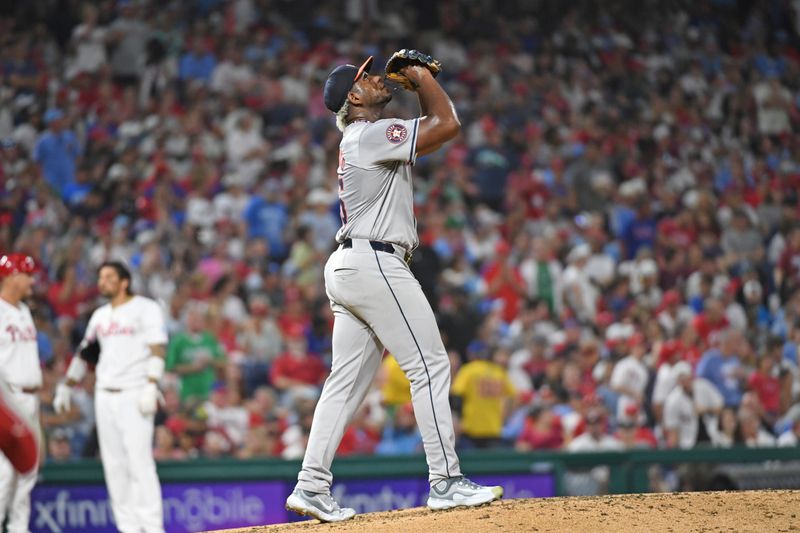 Aug 26, 2024; Philadelphia, Pennsylvania, USA; Houston Astros pitcher Ronel Blanco (56) reacts before pulled from the game against the Philadelphia Phillies during the sixth at Citizens Bank Park. Mandatory Credit: Eric Hartline-USA TODAY Sports