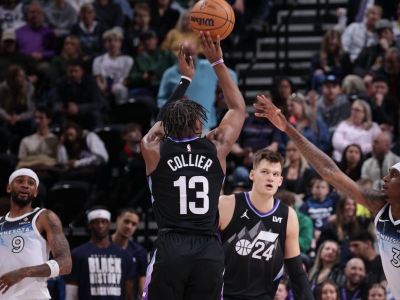 SALT LAKE CITY, UT - FEBRUARY 28: Isaiah Collier #13 of the Utah Jazz shoots a three point basket during the game against the Minnesota Timberwolves on February 28, 2025 at Delta Center in Salt Lake City, Utah. NOTE TO USER: User expressly acknowledges and agrees that, by downloading and or using this Photograph, User is consenting to the terms and conditions of the Getty Images License Agreement. Mandatory Copyright Notice: Copyright 2025 NBAE (Photo by Melissa Majchrzak/NBAE via Getty Images)