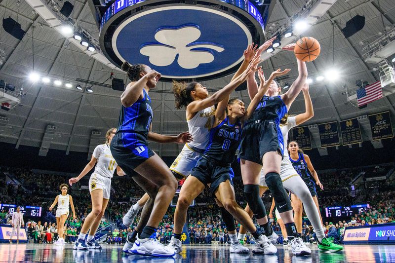 Feb 5, 2023; South Bend, Indiana, USA; Notre Dame Fighting Irish guard Cassandre Prosper (4) Duke Blue Devils guard Celeste Taylor (0) and Duke Blue Devils center Kennedy Brown (21) reach for a rebound in the first half at the Purcell Pavilion. Mandatory Credit: Matt Cashore-USA TODAY Sports