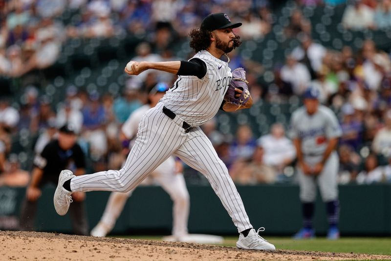 Jun 20, 2024; Denver, Colorado, USA; Colorado Rockies relief pitcher Justin Lawrence (61) pitches in the ninth inning against the Los Angeles Dodgers at Coors Field. Mandatory Credit: Isaiah J. Downing-USA TODAY Sports