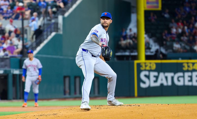 Jun 19, 2024; Arlington, Texas, USA; New York Mets starting pitcher Sean Manaea (59) throws during the first inning against the Texas Rangers at Globe Life Field. Mandatory Credit: Kevin Jairaj-USA TODAY Sports