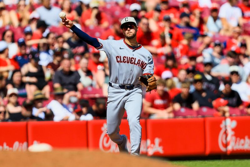 May 18, 2025; Cincinnati, Ohio, USA; Cleveland Guardians third baseman Will Wilson (7) throws to first to get Cincinnati Reds designated hitter Austin Hays (not pictured) out in the eighth inning at Great American Ball Park. Mandatory Credit: Katie Stratman-Imagn Images