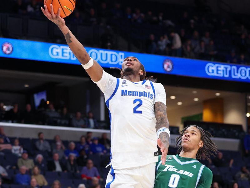 Feb 1, 2026; Memphis, Tennessee, USA; Memphis Tigers guard Zach Davis (2) shoots the ball against Tulane Green Wave forward Tyler Ringgold (0) during the second half at FedExForum. Mandatory Credit: Wesley Hale-Imagn Images