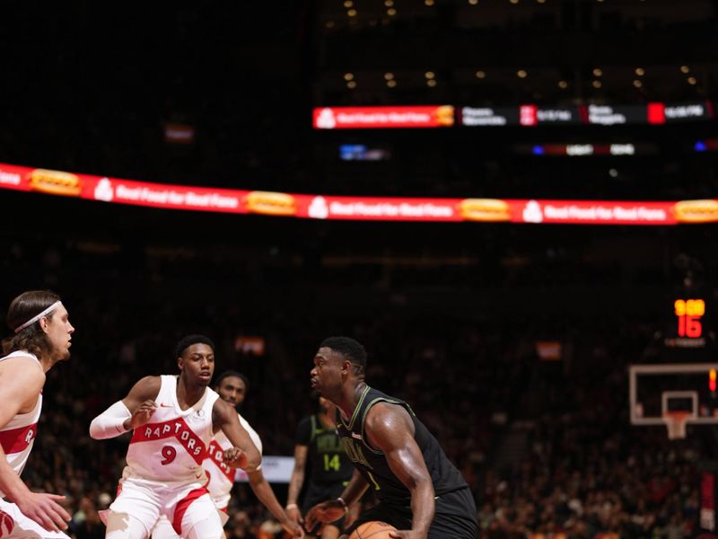 TORONTO, CANADA - MARCH 5:  Zion Williamson #1 of the New Orleans Pelicans goes to the basket during the game on March 5, 2024 at the Scotiabank Arena in Toronto, Ontario, Canada.  NOTE TO USER: User expressly acknowledges and agrees that, by downloading and or using this Photograph, user is consenting to the terms and conditions of the Getty Images License Agreement.  Mandatory Copyright Notice: Copyright 2024 NBAE (Photo by Mark Blinch/NBAE via Getty Images)