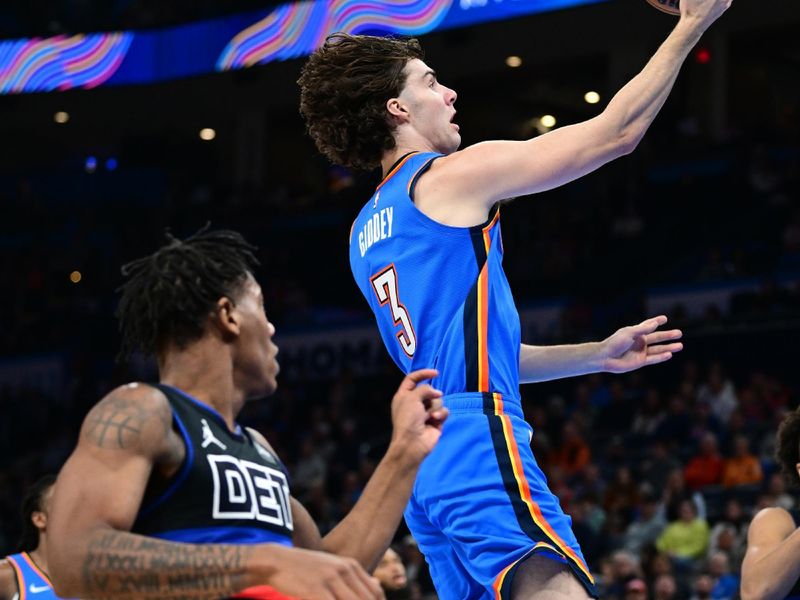 OKLAHOMA CITY, OKLAHOMA - OCTOBER 30: Josh Giddey #3 of the Oklahoma City Thunder puts up a layup in the third quarter against the Detroit Pistons at Paycom Center on October 30, 2023 in Oklahoma City, Oklahoma. NOTE TO USER: User expressly acknowledges and agrees that, by downloading and or using this photograph, User is consenting to the terms and conditions of the Getty Images License Agreement. (Photo by Joshua Gateley/Getty Images)