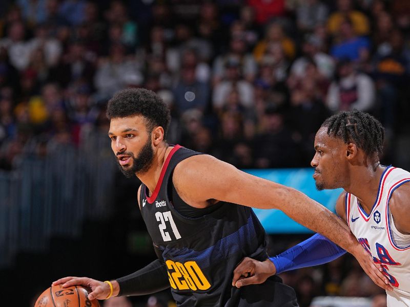 DENVER, CO - JANUARY 27: Jamal Murray #27 of the Denver Nuggets handles the ball during the game against the Philadelphia 76ers on January 27, 2024 at the Ball Arena in Denver, Colorado. NOTE TO USER: User expressly acknowledges and agrees that, by downloading and/or using this Photograph, user is consenting to the terms and conditions of the Getty Images License Agreement. Mandatory Copyright Notice: Copyright 2024 NBAE (Photo by Bart Young/NBAE via Getty Images)