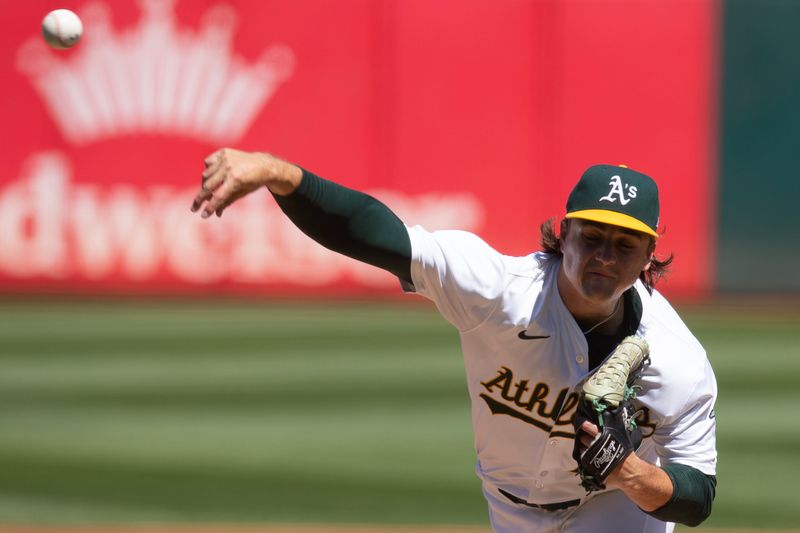 Sep 8, 2024; Oakland, California, USA; Oakland Athletics starting pitcher J.T. Ginn (70) delivers a pitch against the Detroit Tigers during the first inning at Oakland-Alameda County Coliseum. Mandatory Credit: D. Ross Cameron-Imagn Images