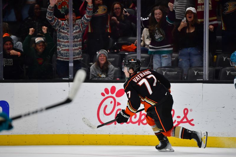 Jan 31, 2024; Anaheim, California, USA; Anaheim Ducks right wing Frank Vatrano (77) celebrtes his goal scored for the victory against the San Jose Sharks in the overtime period at Honda Center. Mandatory Credit: Gary A. Vasquez-USA TODAY Sports