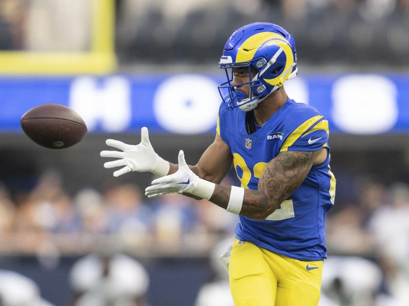 Los Angeles Rams wide receiver Lance McCutcheon (82) catches the ball before an NFL preseason football game against the Los Angeles Chargers, Saturday, Aug. 12, 2023, in Inglewood, Calif. (AP Photo/Kyusung Gong)