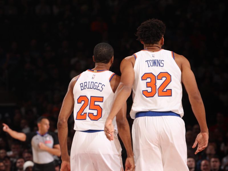 NEW YORK, NY - NOVEMBER 13: Mikal Bridges #25 and Karl-Anthony Towns #32 of the New York Knicks look on during the game against the Chicago Bulls on November 13, 2024 at Madison Square Garden in New York City, New York.  NOTE TO USER: User expressly acknowledges and agrees that, by downloading and or using this photograph, User is consenting to the terms and conditions of the Getty Images License Agreement. Mandatory Copyright Notice: Copyright 2024 NBAE  (Photo by Joe Murphy/NBAE via Getty Images)