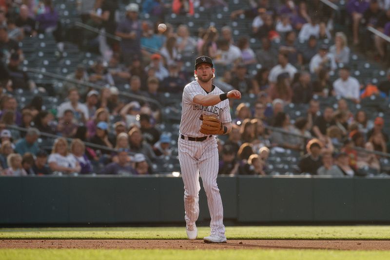 Jun 30, 2023; Denver, Colorado, USA; Colorado Rockies third baseman Ryan McMahon (24) fields the ball and throws to first for an out in the fifth inning against the Detroit Tigers at Coors Field. Mandatory Credit: Isaiah J. Downing-USA TODAY Sports