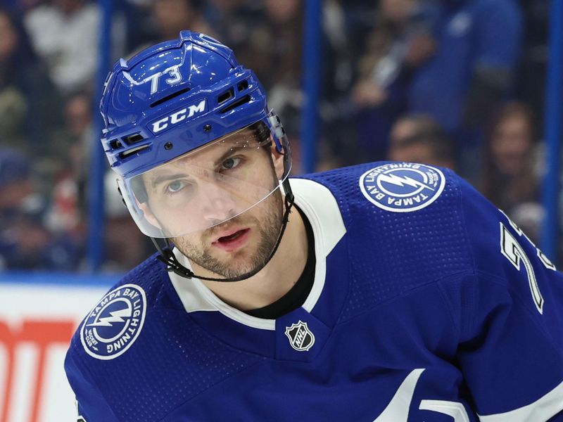 Jan 27, 2024; Tampa, Florida, USA; Tampa Bay Lightning left wing Conor Sheary (73) warms up prior to the game against the New Jersey Devils at Amalie Arena. Mandatory Credit: Kim Klement Neitzel-USA TODAY Sports