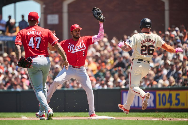 May 12, 2024; San Francisco, California, USA; Cincinnati Reds infielder Jeimer Candelario (3) and starting pitcher Frankie Montas (47) force out San Francisco Giants infielder Matt Chapman (26) at first base during the third inning at Oracle Park. Mandatory Credit: Robert Edwards-USA TODAY Sports