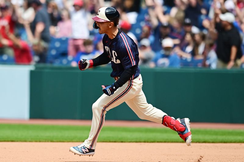 May 22, 2024; Cleveland, Ohio, USA; Cleveland Guardians second baseman Andres Gimenez (0) celebrates after hitting a three run home run during the sixth inning against the New York Mets at Progressive Field. Mandatory Credit: Ken Blaze-USA TODAY Sports
