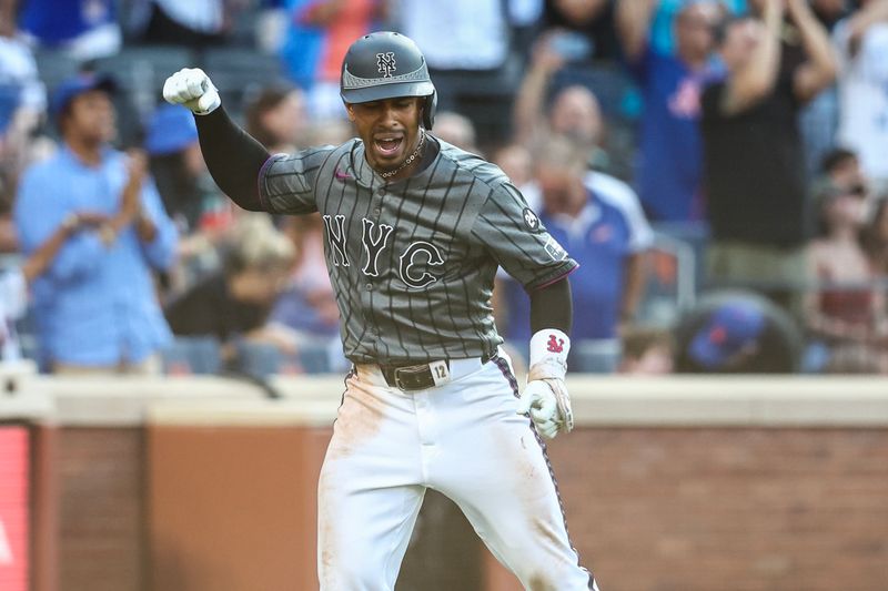 Jul 13, 2024; New York City, New York, USA; New York Mets shortstop Francisco Lindor (12) celebrates after hitting a three run home run in the eighth inning against the Colorado Rockies at Citi Field. Mandatory Credit: Wendell Cruz-USA TODAY Sports