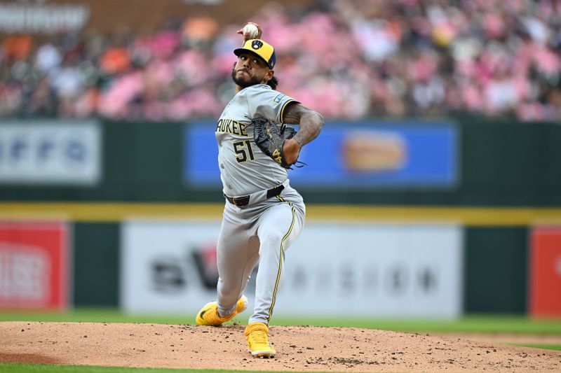 Jun 8, 2024; Detroit, Michigan, USA;  Milwaukee Brewers starting pitcher Freddy Peralta (51) throws a pitch against the Detroit Tigers in the first inning at Comerica Park. Mandatory Credit: Lon Horwedel-USA TODAY Sports