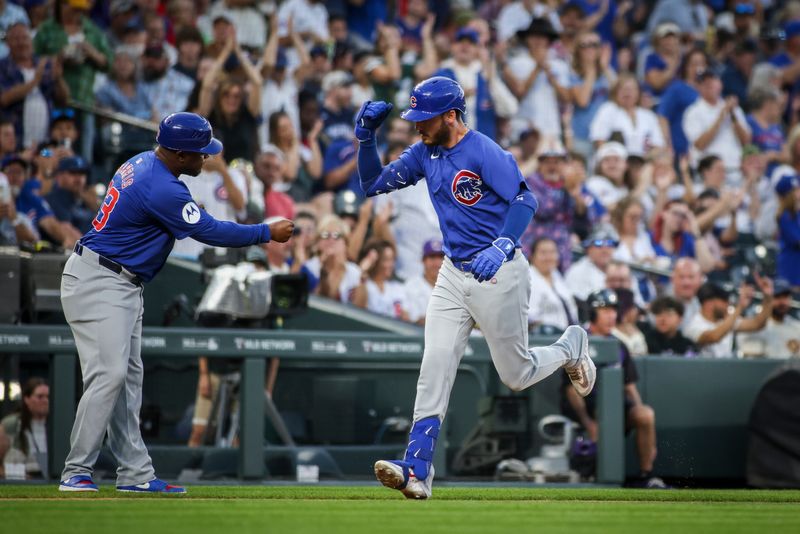 Sep 14, 2024; Denver, Colorado, USA; Chicago Cubs outfielder Cody Bellinger (24) hits a home run against the Colorado Rockies at Coors Field. Mandatory Credit: Chet Strange-Imagn Images