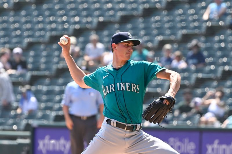 Aug 23, 2023; Chicago, Illinois, USA;  Seattle Mariners starting pitcher George Kirby (68) delivers against the Chicago White Sox during the first inning at Guaranteed Rate Field. Mandatory Credit: Matt Marton-USA TODAY Sports