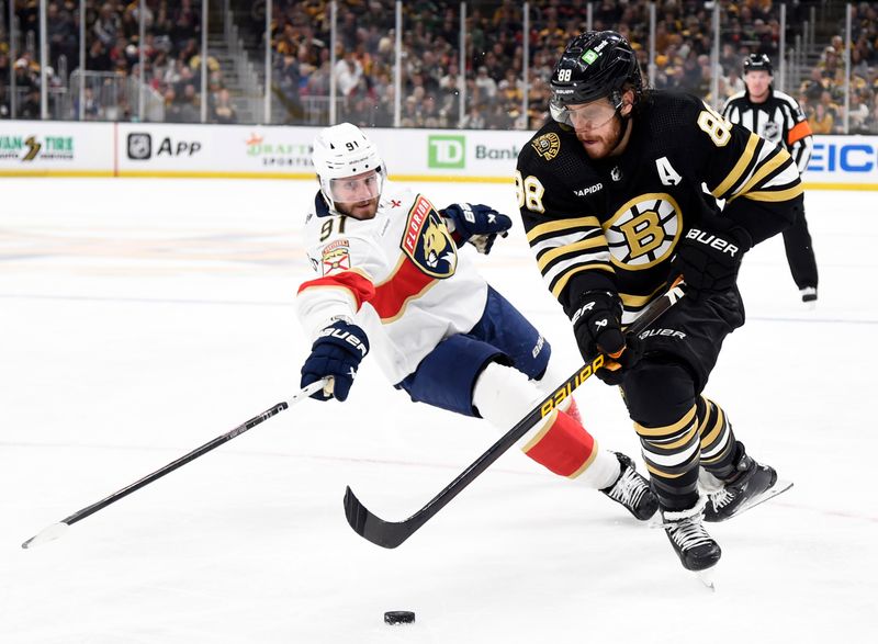 Apr 6, 2024; Boston, Massachusetts, USA; Boston Bruins right wing David Pastrnak (88) skates past Florida Panthers defenseman Oliver Ekman-Larsson (91) during the third period at TD Garden. Mandatory Credit: Bob DeChiara-USA TODAY Sports