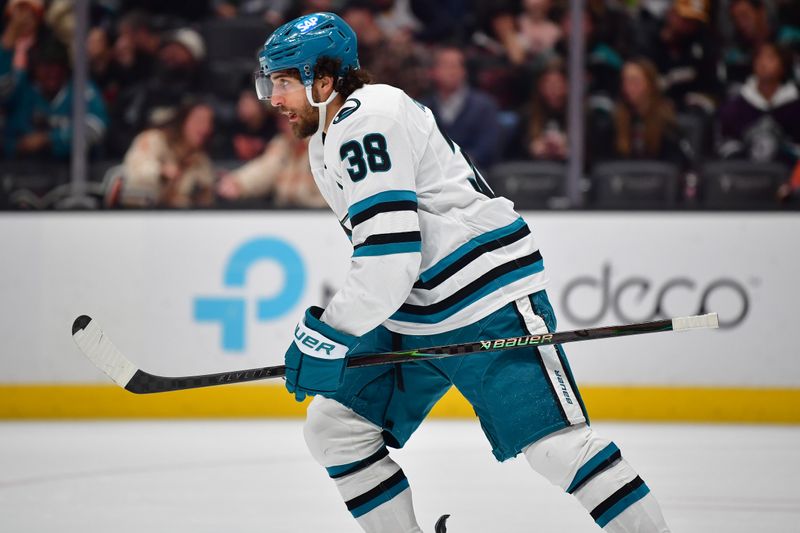 Dec 29, 2025; Anaheim, California, USA; San Jose Sharks defenseman Mario Ferraro (38) reacts after scoring a goal against the Anaheim Ducks during the first period at Honda Center. Mandatory Credit: Gary A. Vasquez-Imagn Images Dec 29, 2025; Anaheim, California, USA; San Jose Sharks defenseman Mario Ferraro (38) reacts after scoring a goal against the Anaheim Ducks during the first period at Honda Center. Mandatory Credit: Gary A. Vasquez-Imagn Images