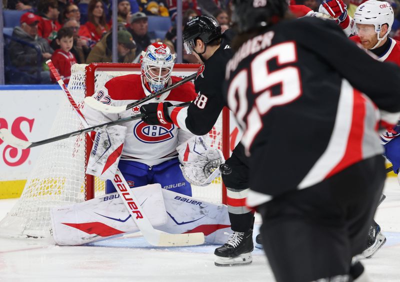 Jan 15, 2026; Buffalo, New York, USA;  Montréal Canadiens goaltender Jacob Fowler (32) looks to make a save during the second period against the Buffalo Sabres at KeyBank Center. Mandatory Credit: Timothy T. Ludwig-Imagn Images