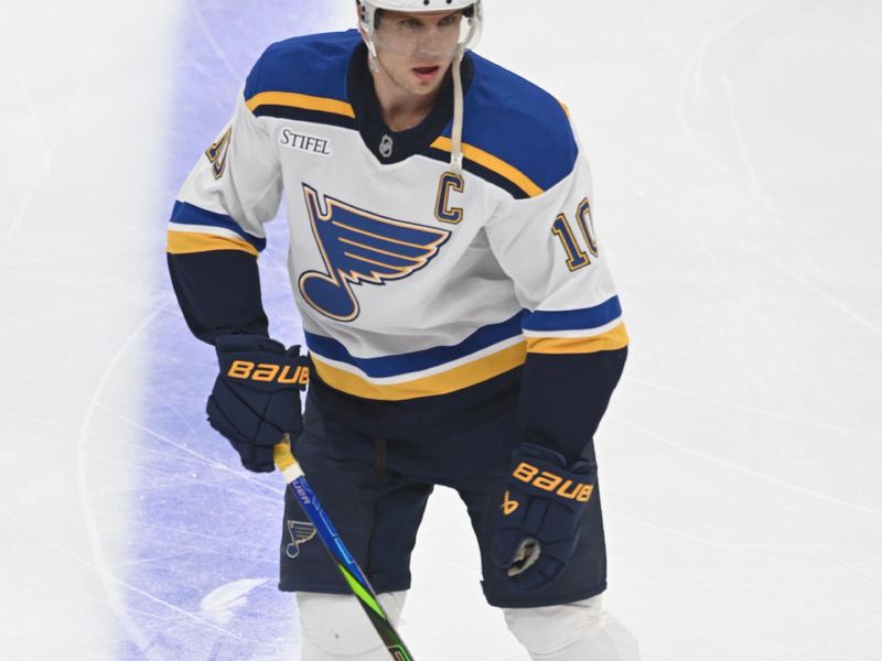 Apr 9, 2025; Edmonton, Alberta, CAN; St. Louis Blues center Brayeden Schenn (10) warms up before a game against the Edmonton Oilers at Rogers Place. Mandatory Credit: Walter Tychnowicz-Imagn Images