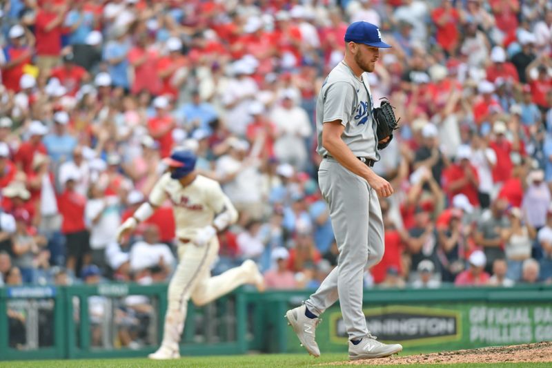 Jun 11, 2023; Philadelphia, Pennsylvania, USA; Los Angeles Dodgers relief pitcher Nick Robertson (75) reacts after allowing a home run by Philadelphia Phillies right fielder Nick Castellanos (8) during the seventh inning at Citizens Bank Park. Mandatory Credit: Eric Hartline-USA TODAY Sports