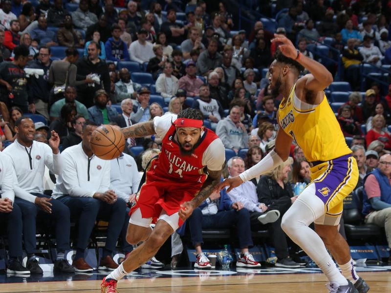 NEW ORLEANS, LA - MARCH 14: Brandon Ingram #14 of the New Orleans Pelicans drives to the basket during the game against the Los Angeles Lakers on March 14, 2023 at the Smoothie King Center in New Orleans, Louisiana. NOTE TO USER: User expressly acknowledges and agrees that, by downloading and or using this Photograph, user is consenting to the terms and conditions of the Getty Images License Agreement. Mandatory Copyright Notice: Copyright 2023 NBAE (Photo by Jonathan Bachman/NBAE via Getty Images)