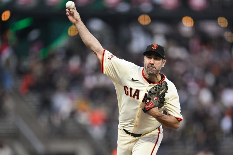 May 1, 2025; San Francisco, California, USA; San Francisco Giants starting pitcher Justin Verlander (35) throws against the Colorado Rockies in the third inning at Oracle Park. Mandatory Credit: Eakin Howard-Imagn Images