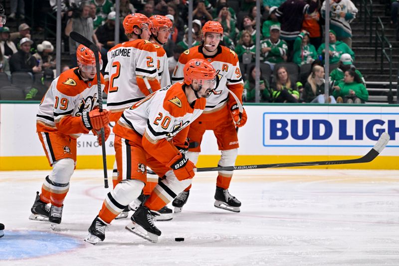 Nov 6, 2025; Dallas, Texas, USA; Anaheim Ducks left wing Chris Kreider (20) skates off the ice after scoring a goal against the Dallas Stars during the third period at the American Airlines Center. Mandatory Credit: Jerome Miron-Imagn Images