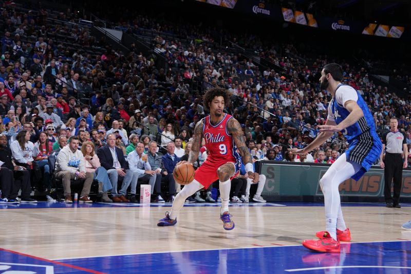 PHILADELPHIA, PA - APRIL 12: Kelly Oubre Jr. #9 of the Philadelphia 76ers dribbles the ball during the game against the Orlando Magic on April 12, 2024 at the Wells Fargo Center in Philadelphia, Pennsylvania NOTE TO USER: User expressly acknowledges and agrees that, by downloading and/or using this Photograph, user is consenting to the terms and conditions of the Getty Images License Agreement. Mandatory Copyright Notice: Copyright 2024 NBAE (Photo by Jesse D. Garrabrant/NBAE via Getty Images)