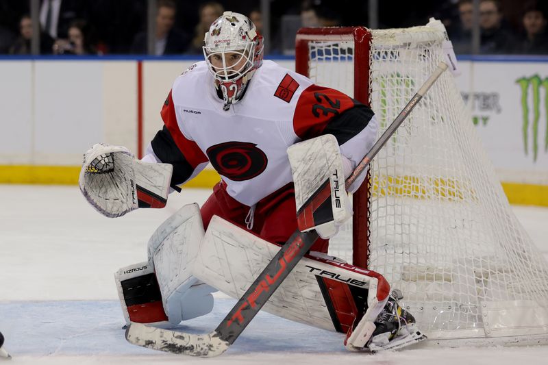 Feb 5, 2026; New York, New York, USA; Carolina Hurricanes goaltender Brandon Bussi (32) tends net against the New York Rangers during the second period at Madison Square Garden. Mandatory Credit: Brad Penner-Imagn Images
