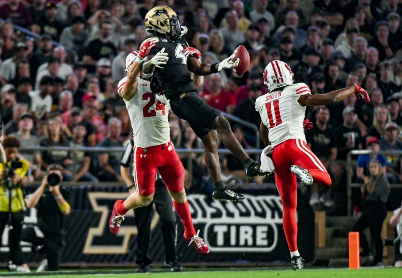 Sep 22, 2023; West Lafayette, Indiana, USA; Wisconsin Badgers safety Hunter Wohler (24) breaks up a pass intended for Purdue Boilermakers wide receiver Deion Burks (4) during the first half at Ross-Ade Stadium. Mandatory Credit: Robert Goddin-USA TODAY Sports