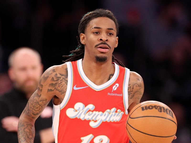 NEW YORK, NEW YORK - JANUARY 27: Ja Morant #12 of the Memphis Grizzlies dribbles the ball against the New York Knicks during the first half at Madison Square Garden on January 27, 2025 in New York City. NOTE TO USER: User expressly acknowledges and agrees that, by downloading and or using this photograph, User is consenting to the terms and conditions of the Getty Images License Agreement. (Photo by Evan Bernstein/Getty Images)