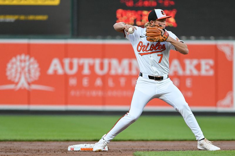 Apr 16, 2024; Baltimore, Maryland, USA; Baltimore Orioles second baseman Jackson Holliday (7) throws to first base on a third inning double play against the Minnesota Twins at Oriole Park at Camden Yards. Mandatory Credit: Tommy Gilligan-USA TODAY Sports