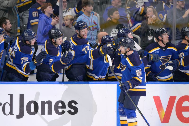 Oct 18, 2025; St. Louis, Missouri, USA; St. Louis Blues center Pius Suter (22) is congratulated by teammates after scoring an empty net goal during the third period at Enterprise Center. Mandatory Credit: Jeff Le-Imagn Images