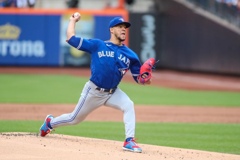 Jun 3, 2023; New York City, New York, USA;  Toronto Blue Jays starting pitcher Jose Berrios (17) against the New York Mets at Citi Field. Mandatory Credit: Wendell Cruz-USA TODAY Sports