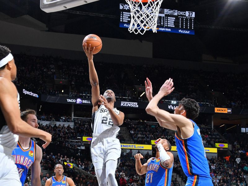 SAN ANTONIO, TX - FEBRUARY 29: Malaki Branham #22 of the San Antonio Spurs shoots the ball during the game against the Oklahoma City Thunder on February 29, 2024 at the Frost Bank Center in San Antonio, Texas. NOTE TO USER: User expressly acknowledges and agrees that, by downloading and or using this photograph, user is consenting to the terms and conditions of the Getty Images License Agreement. Mandatory Copyright Notice: Copyright 2024 NBAE (Photos by Michael Gonzales/NBAE via Getty Images)