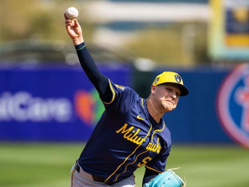 Feb 27, 2024; Tempe, Arizona, USA; Milwaukee Brewers pitcher Janson Junk against the Los Angeles Angels during a spring training game at Tempe Diablo Stadium. Mandatory Credit: Mark J. Rebilas-USA TODAY Sports