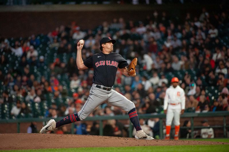 Sep 12, 2023; San Francisco, California, USA; Cleveland Guardians starting pitcher Cal Quantrill (47) throws a pitch during the third inning at Oracle Park. Mandatory Credit: Ed Szczepanski-USA TODAY Sports