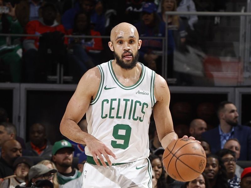 DETROIT, MI - FEBRUARY 26: Derrick White #9 of the Boston Celtics handles the ball during the game against the Detroit Pistons on February 26, 2025 at Little Caesars Arena in Detroit, Michigan. NOTE TO USER: User expressly acknowledges and agrees that, by downloading and/or using this photograph, User is consenting to the terms and conditions of the Getty Images License Agreement. Mandatory Copyright Notice: Copyright 2025 NBAE (Photo by Brian Sevald/NBAE via Getty Images)