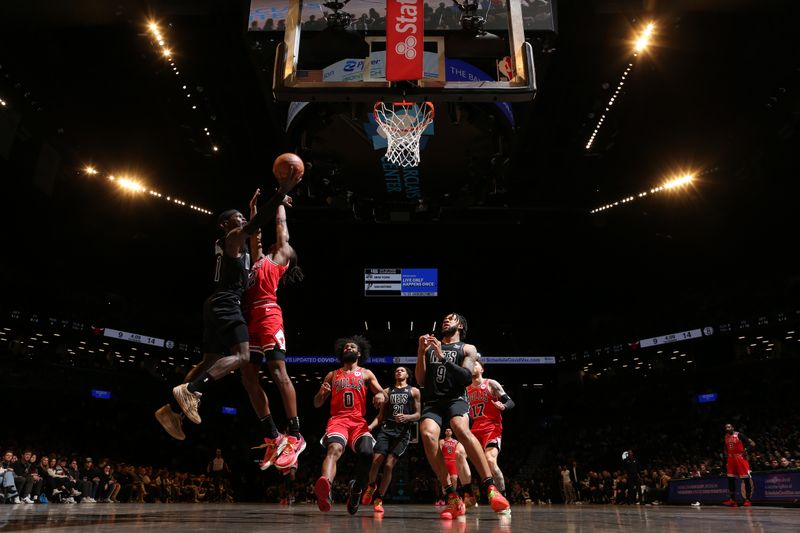 BROOKLYN, NY - MARCH 29: Dennis Schroder #17 of the Brooklyn Nets drives to the basket during the game against the Chicago Bulls on March 29, 2024 at Barclays Center in Brooklyn, New York. NOTE TO USER: User expressly acknowledges and agrees that, by downloading and or using this Photograph, user is consenting to the terms and conditions of the Getty Images License Agreement. Mandatory Copyright Notice: Copyright 2024 NBAE (Photo by Nathaniel S. Butler/NBAE via Getty Images)