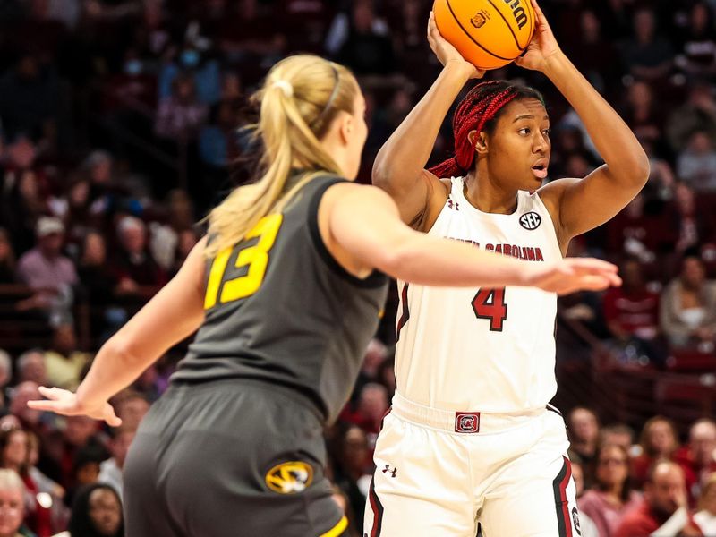 Jan 15, 2023; Columbia, South Carolina, USA; South Carolina Gamecocks forward Aliyah Boston (4) with the ball against the Missouri Tigers in the first half at Colonial Life Arena. Mandatory Credit: Jeff Blake-USA TODAY Sports