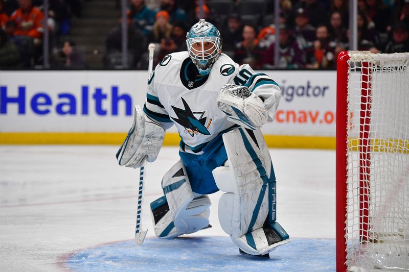 Apr 1, 2025; Anaheim, California, USA; San Jose Sharks goaltender Alexandar Georgiev (40) defends the goal against the Anaheim Ducks during the second period at Honda Center. Mandatory Credit: Gary A. Vasquez-Imagn Images