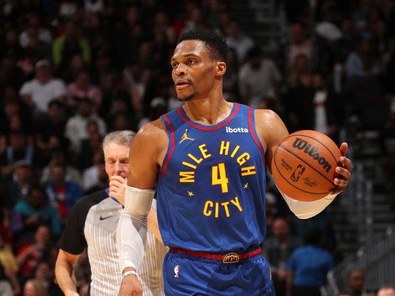 MIAMI, FL - JANUARY 17: Russell Westbrook #4 of the Denver Nuggets looks on during the game against the Miami Heat on January 17, 2025 at Kaseya Center in Miami, Florida. NOTE TO USER: User expressly acknowledges and agrees that, by downloading and or using this Photograph, user is consenting to the terms and conditions of the Getty Images License Agreement. Mandatory Copyright Notice: Copyright 2025 NBAE (Photo by Issac Baldizon/NBAE via Getty Images)