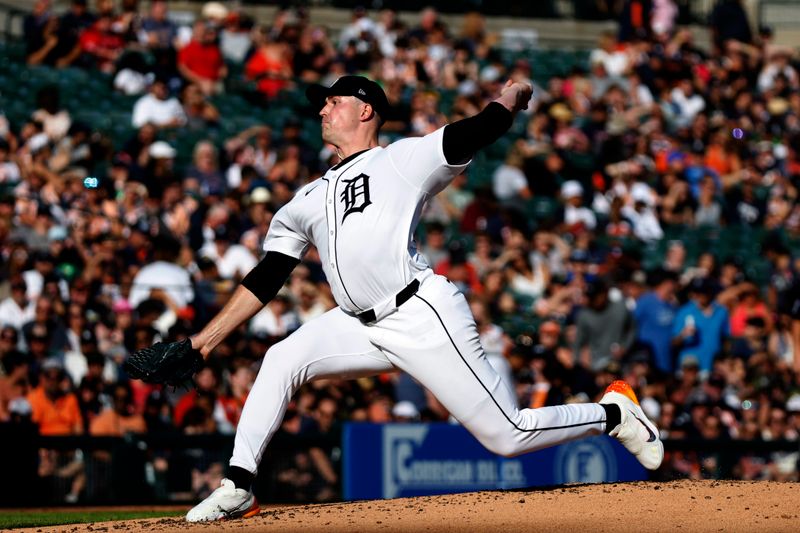 Jul 27, 2024; Detroit, Michigan, USA; Detroit Tigers pitcher Tarik Skubal (29) throws during the second inning against the Minnesota Twins at Comerica Park. Mandatory Credit: Brian Bradshaw Sevald-USA TODAY Sports