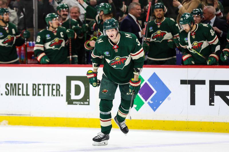 Apr 3, 2023; Saint Paul, Minnesota, USA; Minnesota Wild defenseman John Klingberg (3) celebrates his goal against the Vegas Golden Knights during the second period at Xcel Energy Center. Mandatory Credit: Matt Krohn-USA TODAY Sports
